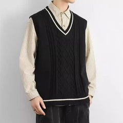 Threebooy Korean Version Autumn Winter New Loose Vest American Retro Knitted Sweater Vest Sleeveless Sweater Men Aesthetic Academy Chic