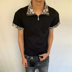 Threebooy Men Leopard Print Spliced Collar Half-Zip Short Sleeve T-Shirt Streetwear Casual Top Trendy Niche Summer New