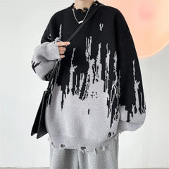 Threebooy Creative Destruction Design Round Neck Knitted Sweater Men's Plus Size Loose Fashion Label Lazy Couple Pullover Top hombre