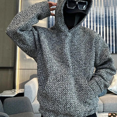 Threebooy Autumn Winter New Tweed Woven Heavy Hooded Sweatshirt For Men Fashion High-End Loose Pullover Versatile Casual Hoodie For Men