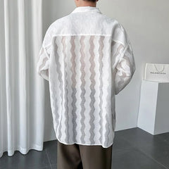 Threebooy Mens Shirt Metal Ornaments Lace Hollow Perspective Casual Shirt Summer Niche Temperament Streetwear Nightclub Top Men'S Clothing