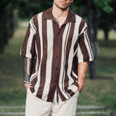 Threebooy Contrast Color Striped Crochet Shirts Mens Vintage Turn-down Collar Buttoned Cardigan Tops Men Summer Daily Casual Knitted Shirt