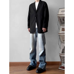 Threebooy Men's Korean Fashion Trend Streetwear Jeans High Street Blue/Black Denim Trousers Baggy Straight Casual Pants M-5XL