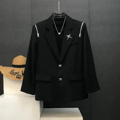 Threebooy Japanese Niche Design Suit Jacket Loose High-end Metal Buckle Trendy Shoulder Pad Long Sleeved Zipper Decoration Suit