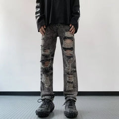 Threebooy Y2K Streetwear Vintage Black Ripped Stacked Jeans Pants For Men Clothes Old Straight Hip Hop Trousers Pantalon Homme