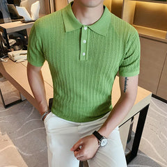 Threebooy British Style POLO Shirts Men Knitting Short Sleeve Shirts Solid Color Lapel Business Casual Top Summer Social Clothing 3XL