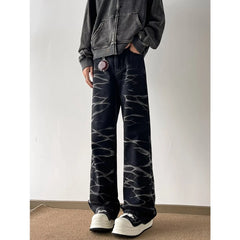 Threebooy Y2K Streetwear Tie Dye Washed Black Baggy Jeans Pants For Men Clothes Straight Hip Hop Long Trousers