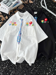 Threebooy Crayon Graffiti Tie Short Sleeve Shirt College Style Korean Style Fashion Floral Embroidered Shirt Design Niche Couple Blazer