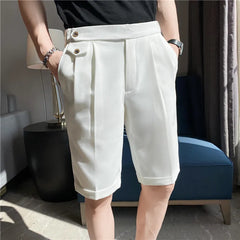 Threebooy Summer New Elastic Waist Knee Length Business Formal Wear Straight Shorts Men Clothing Simple Slim Fit Casual Short Homme