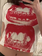 Threebooy Y2k American Streetwear Gothic T Shirt Printed Lip Shape Cropped Top Sexy Hot Girl Tight Top High Street Versatile Fashion