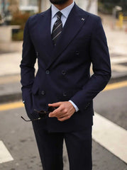 Threebooy Casual Men's Suit 2 Pieces Blazer Pants Bow Collar Double Breasted Buckle Wedding Work Wear Business Formal