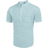 Threebooy Men's Short Sleeve Linen Hawaiian Shirts Summer Lightweight Breathable T-shirts for Men Casual Henley Shirt Beach V-neck Shirt