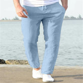 Threebooy Men's Linen Summer Casual Drawstring Elastic Waist Solid Color Breathable Daily Pencil Foot Pants Trousers