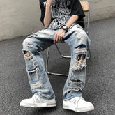 Threebooy European and American High Street Spring and Autumn Vintage Destruction Washed Straight leg Jeans Couple Hip Hop Casual Pants