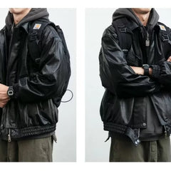 Threebooy 90s Streetwear Standing Collar Motorcycle Leather Jacket Cotton Coat Men's Loose Windproof New Thick PU Leather Jacket Jacket