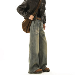 Threebooy Vintage Blue Men's Distressed Denim Pants Wide Leg Trousers Jeans Straight Loose Mopping Pants Streetwear Male Casual Fashion