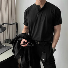 Threebooy Summer Clothing Men's Luxury Henry Collar T-Shirt Korean Button-down Solid Color Short Sleeve Tees for Men New