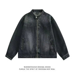 Threebooy American Retro Washing Work Clothes Denim Jacket Spring Autumn Simple Street Casual Trend Niche Stand Collar Jacket Aesthetic