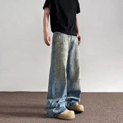 Threebooy Spring and Autumn Men and Women Trendy Personalized Straight Tube Inkjet Laundry Jeans American Couple Loose Retro Casual Pants