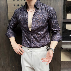 Threebooy Spring New Fashion V Neck Long Sleeve Floral Shirts for Men Clothing Slim Fit Casual Prom Tuxedo Chemise Homme Streetwear