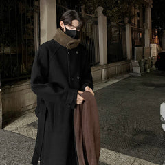 Threebooy Men's Lamb wool Patchwork Woolen Overcoat Men High-end Stand Collar Casual Loose Korean Style Winter New Elegant Trench Coat