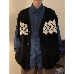 Threebooy Autumn New Preppy Vest American Retro Japan College Knitted Sweater Vest Jacket Men's Cardigan Diamond Embroidery Sweater Chic