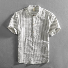 Threebooy Men's Casual Cotton Shirt Short Sleeve Blouse Tops Summer Botton Pinstripe Holiday Shirt Comfortable Handsome Men Henley Shirt