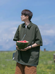 Threebooy Japanese Half Zip Lapel Shirt Men's Summer Trend Vintage Brown Short Sleeve T-shirt Oversize Retro Cityboy Workwear Top