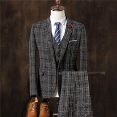 Threebooy Formal Groom Wear 3 Piece (Blazer+ Vest + Pants) Men's Suit Fashion Business Gentleman Wedding Casual Plaid Cotton Linen Jacket