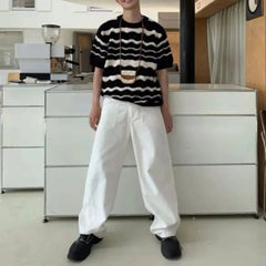 Threebooy Mens Knitted T-Shirt Black White Contrast Striped Top Streetwear Hollow Versatile Casual Short-Sleeve Tshirt Men'S Clothing