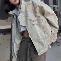 Threebooy Men Denim Jacket Cheongsam Button Letter Print Bomber Jacket Streetwear Fashion Youth Campus Versatile Casual Top Men'S Clothing