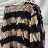 Threebooy Mens Y2k Striped Distressed Hole Tassel Knitted Sweater 2024 New Genderless Fashion Youth Casual Loose Comfort Sweater Unisex