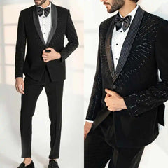 Threebooy Vintage Mens Suits 2 Pieces Blazer Pant Shawl Lapel One Button Applique Crystal Formal Occasions Party Customized Ropa Hombre