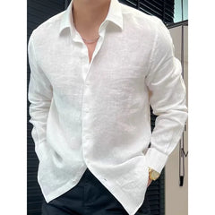 Threebooy Spring Summer New High-end Linen Solid Color Long Sleeved Shirt Men's Loose and Versatile White Top Shirt