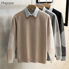 Pullovers Women Fake 2pcs Turn-down Collar Striped Korean Style Long Sleeve Spring Autumn Warm Office Streetwear Shopping New