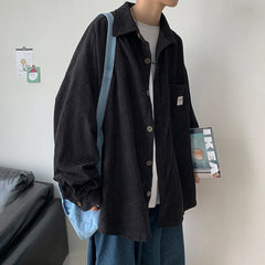Threebooy Corduroy Shirts For Men Long Sleeve Black Shirt Spring Summer Korean Streetwear Clothes Unisex Fashion Casual Oversize Shirt
