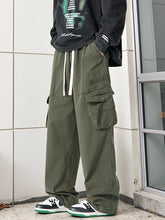 Threebooy Men's Straight Cargo Pants with 4 Pockets Washed Cotton Drawstring Elastic Waist Wide Leg Workwear Casual Pants Loose Fit