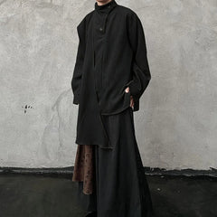 Threebooy Mens Shirt Chinese Style Ribbon Scarf Shirt Streetwear Fashion Personality Temperament Versatile Long-Sleeve Top Men'S Clothing