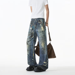 Threebooy Jean Men Unique Design Graffiti Street Style Drag Jeans Urban Trendy Fashion Distressed Long Fit Casual Denim Pants Edgy Hip Hop