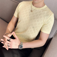 Threebooy Clothing Men Summer Casual Short Sleeve Ice Silk knit T-shirt/Male High Quality Fashion Round Neck Hollow Out T-shirt