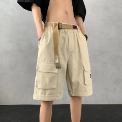 Threebooy Men Cargo Shorts Streetwear Unisex Hip Hop Elastic Waist Short Pants