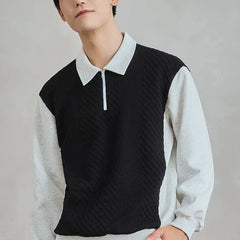 Threebooy Trend Fashion Men Polo Shirts Spring Autumn New Lapel Half Zipper Fake Two Pieces Contrast Color Korean Casual Long Sleeve Tops
