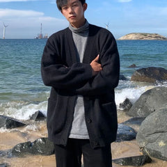 Threebooy Loose Fit Long Sve V-Ne Knitted Cardigan Men's Autumn Winter Thiened Polyester Fiber Casual Sle Outerwear Coat