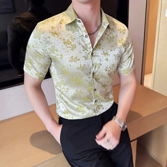 Threebooy Summer New Men's Short Sleeved Shirt Fashion Jacquard Design Ice Silk Cool Slim Fit Social Party Tailcoat Shirt Size M-4XL