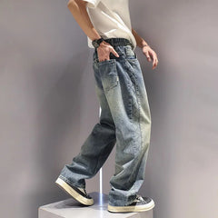 Threebooy Korean Version Autumn Men'S Jeans Totem Wrinkled Straight Leg Pants Retro Blue Pants Casual Mens Baggy Jeans