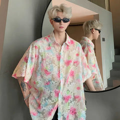 Threebooy Transparent Floral Handsome Shirts Summer Thin Fashion Casual Streetwear Loose Shirt Breathable Short Sleeve Men's Clothing