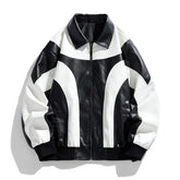 Threebooy Men's leather jacket, new men's PU motorcycle suit jacket, color blocked fashionable leather jacket for men