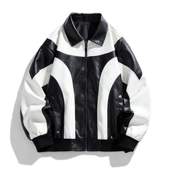 Threebooy Men's leather jacket, new men's PU motorcycle suit jacket, color blocked fashionable leather jacket for men
