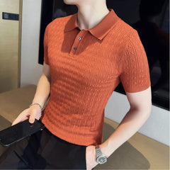 Threebooy Stretch Slim Polo Shirts Summer Solid Color Casual Lapel Short Sleeve Plaid T-Shirt Brand Men's Clothing Knit Polo Shirts