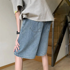 Threebooy Loose Fit Denim Shorts men Elastic Waist Drawstring Washed Casual Summer Vintage Distressed Streetwear Comfort Stretch Fashion